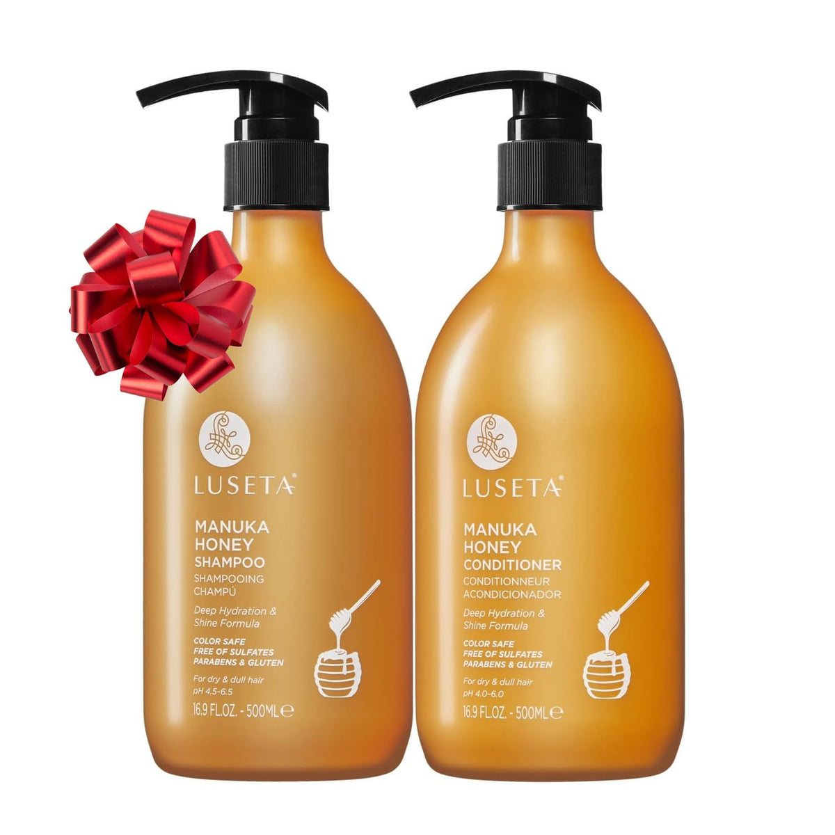 L LUSETA Manuka Honey Shampoo bottle boosts moisture for dry hair and smoother strands.