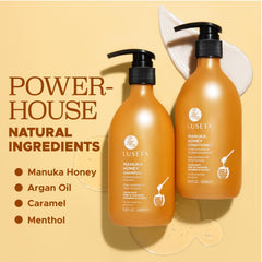 L LUSETA Manuka Honey Shampoo close-up with rich lather for cleansing.