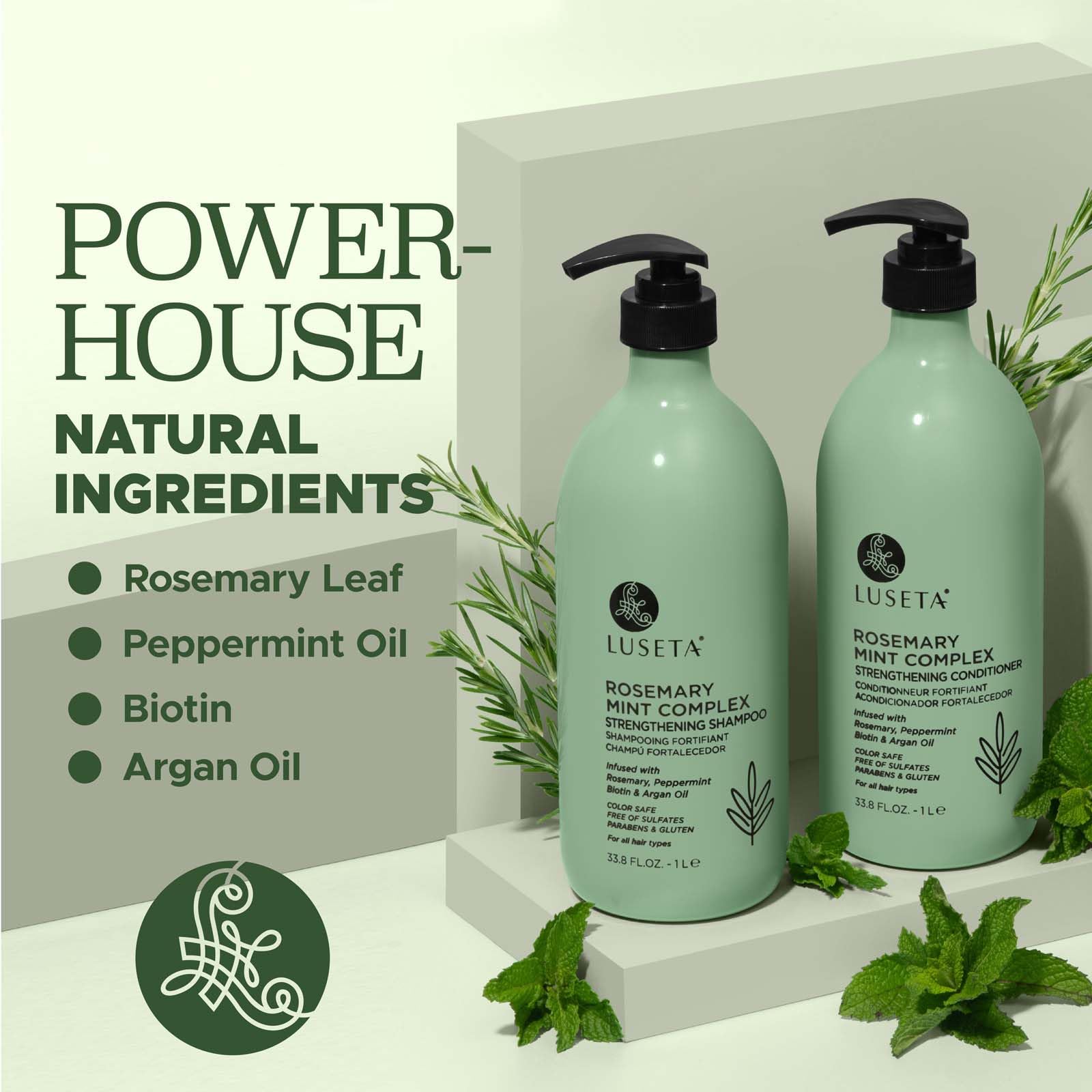 Luseta Rosemary Mint set packaging showing two 33.8 oz bottles for lasting moisture.