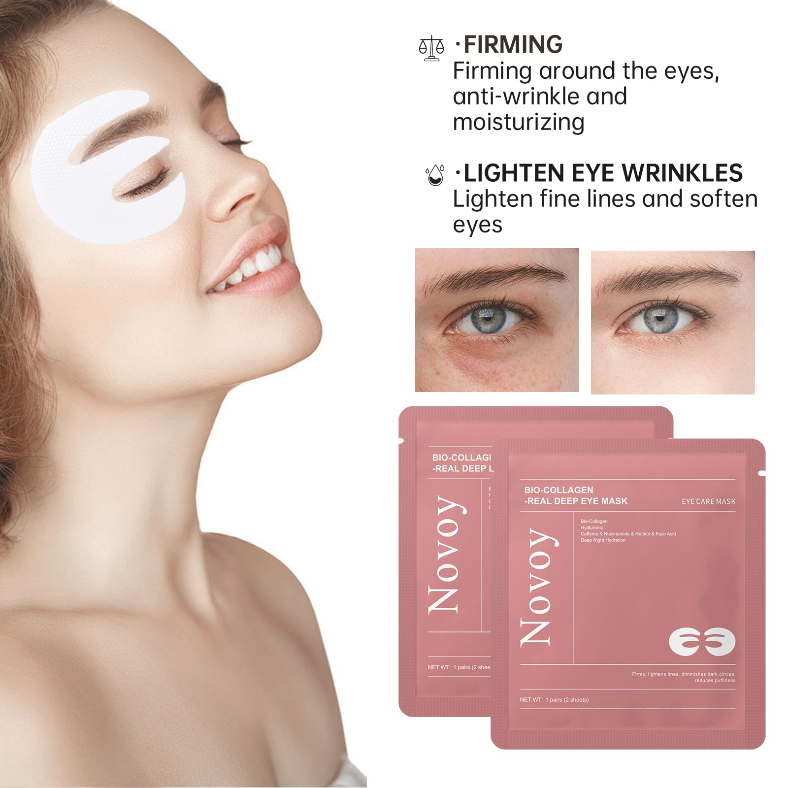 Closeup of LLVYUO Novoy Rose Eye Patches highlighting collagen formula