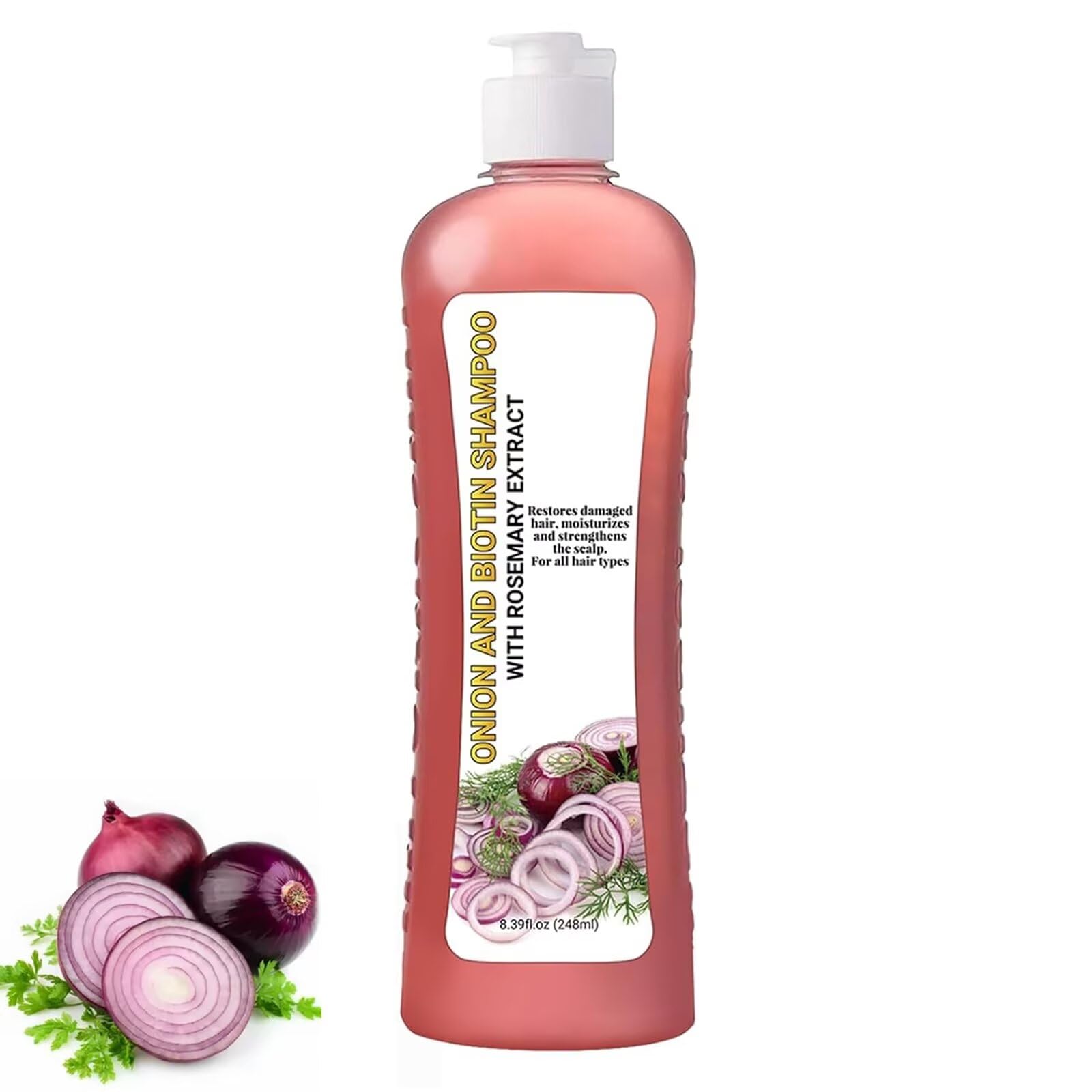 LMDGDS champú cebolla y romero: botella visible, promueve cabello suave y brillo natural.