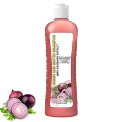LMDGDS champú cebolla y romero: botella visible, promueve cabello suave y brillo natural.