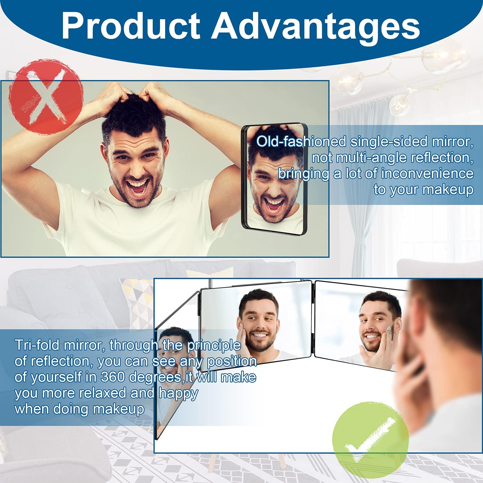 LMZNXCZ 3-Way Mirror with adjustable hooks for versatile hanging.