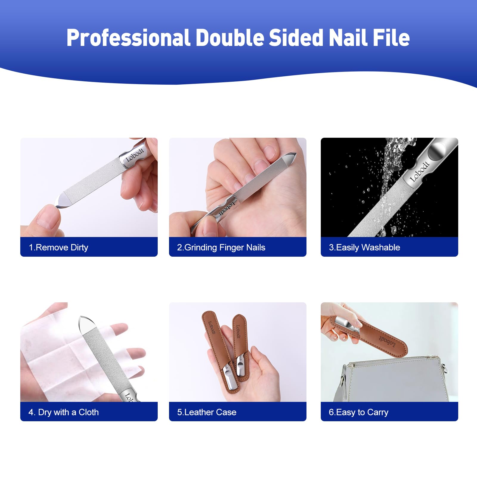 Lobodt anti-slip handle nail file provides a comfortable grip during detailed filing.