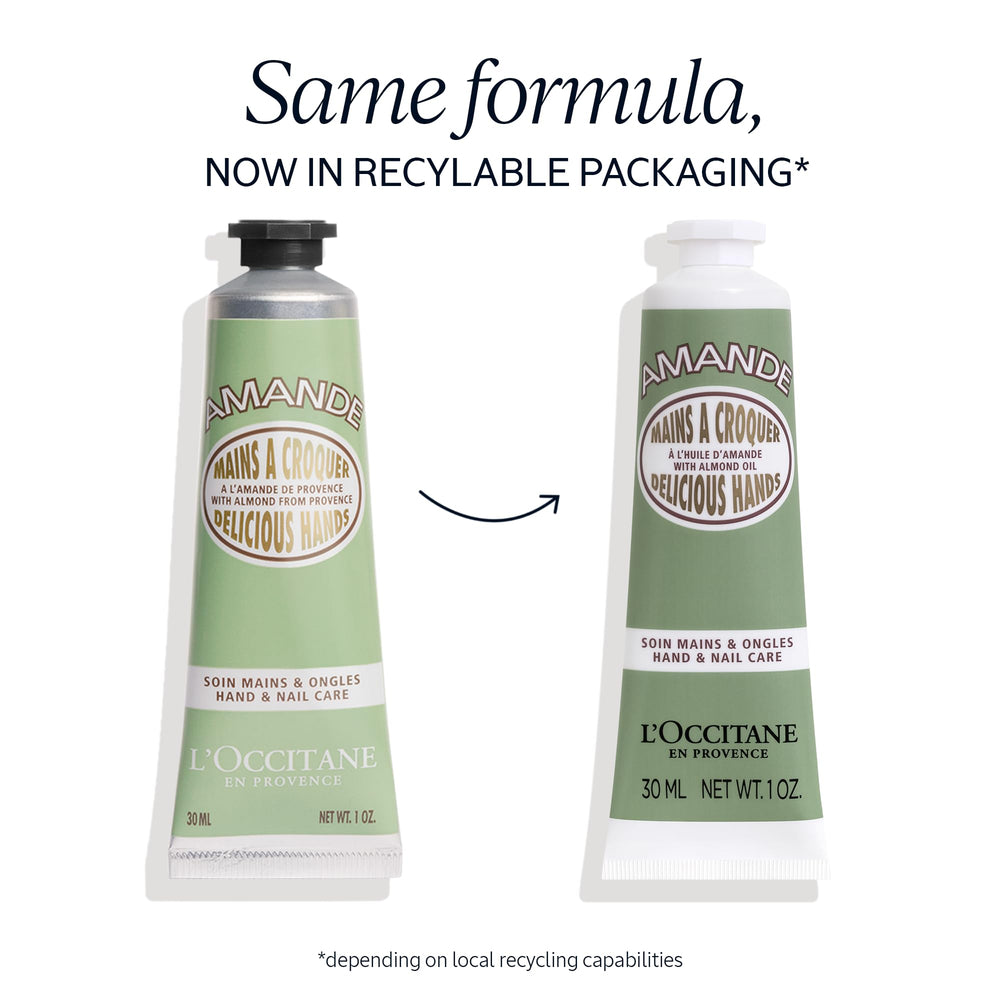 L'OCCITANE Almendra crema de manos, textura cremosa en primer plano para piel suave.
