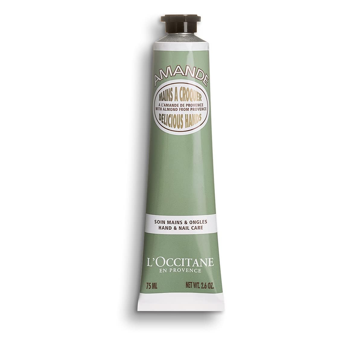 L'Occitane Almond Delicious Hands cream front view shows silky moisture and almond scent.