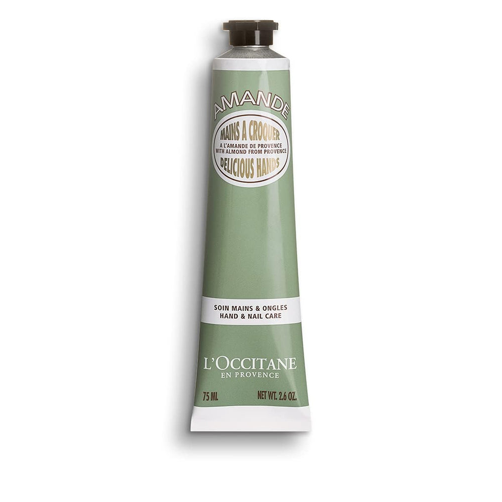 L'Occitane Almond Delicious Hands cream front view shows silky moisture and almond scent.