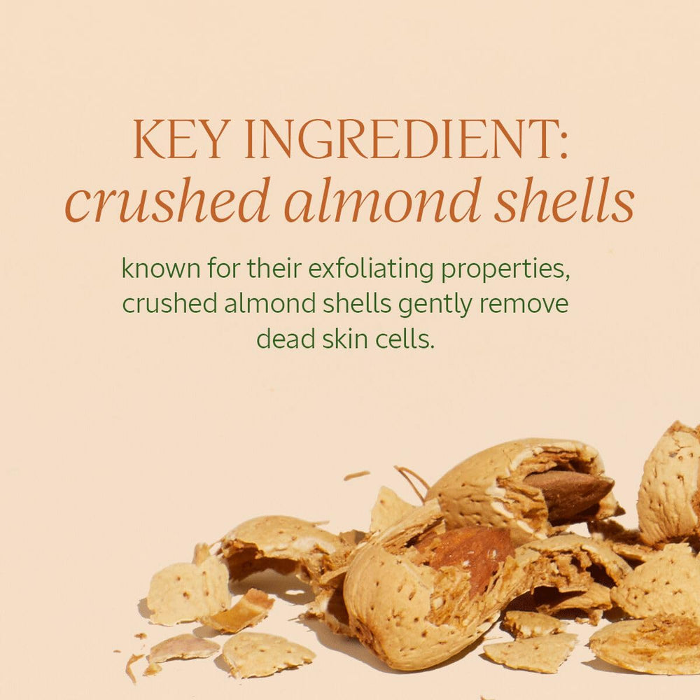 L'OCCITANE crushed almond shells with sugar crystals for spa-like exfoliation.