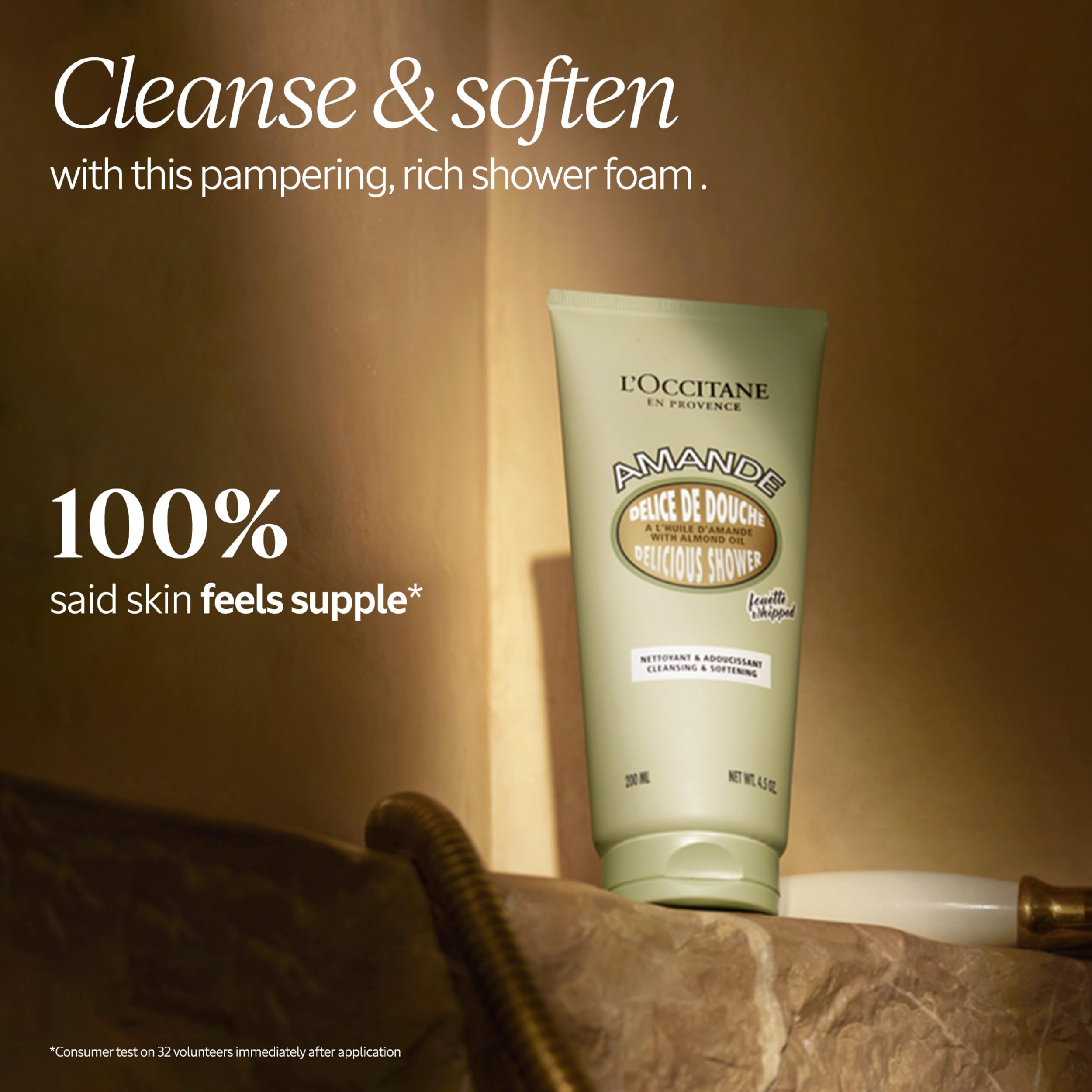 L'Occitane Almond Delicious Shower whipped texture forms a silky lather for a gentle cleanse.