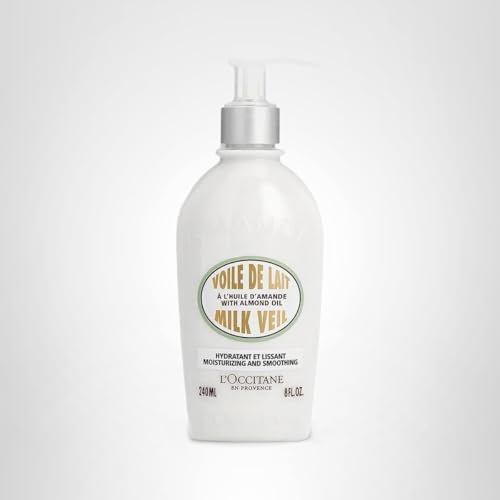 L'Occitane Almond Milk Veil shows silky texture on skin and visible softness.