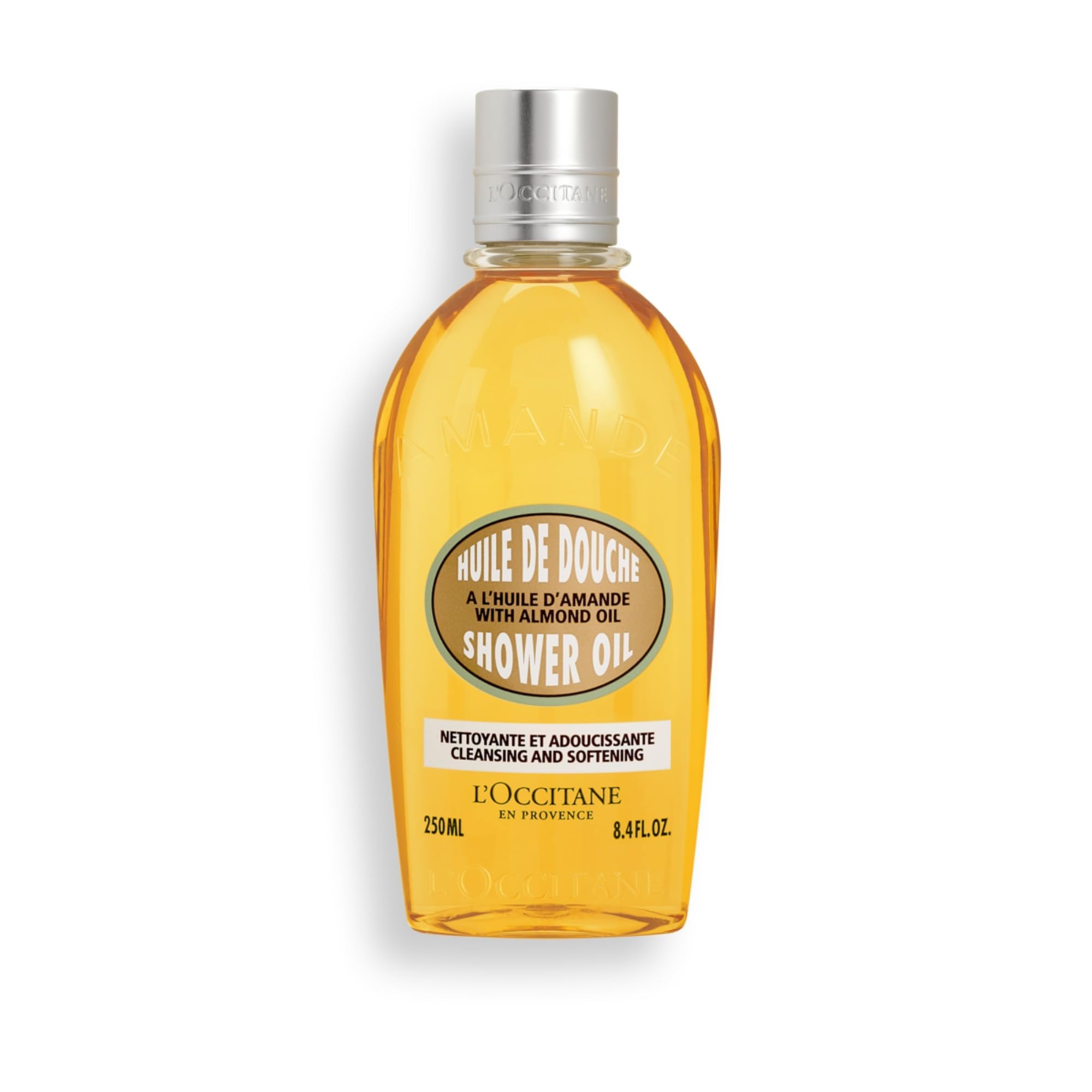L'OCCITANE Almond Shower Oil bottle close-up, highlighting cleansing and skin-softening benefits.