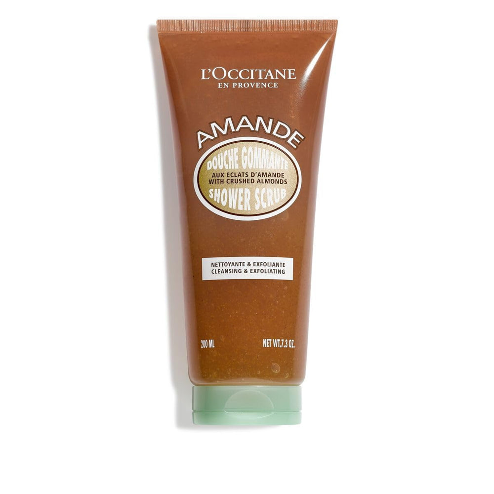 L'Occitane Almond Shower Scrub bottle pour for quick in-shower use.
