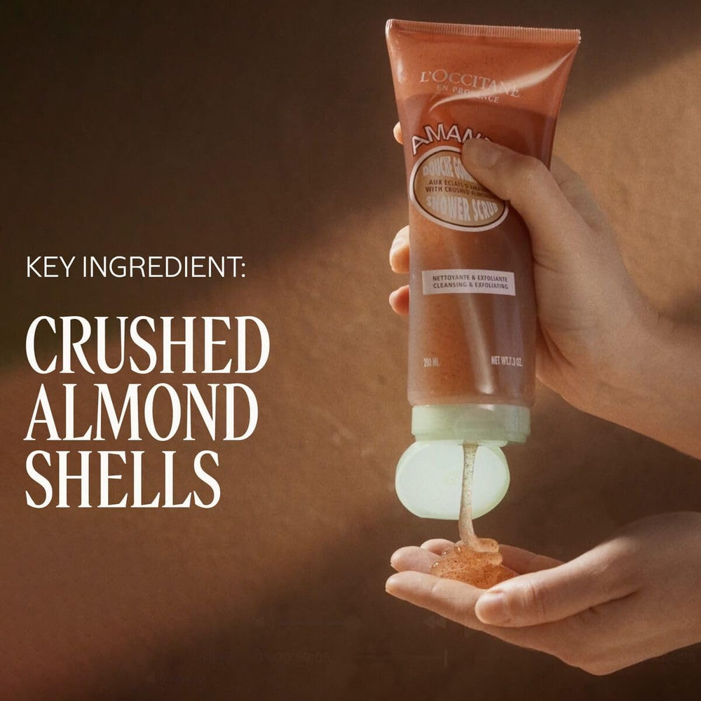 L'Occitane Almond Shower Scrub gel texture ready to cleanse.