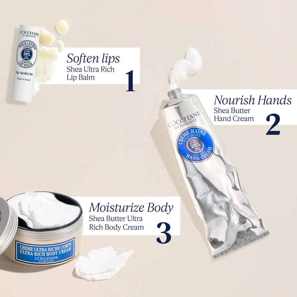 Loccitane bálsamo vegano con manteca de karité para labios suaves.