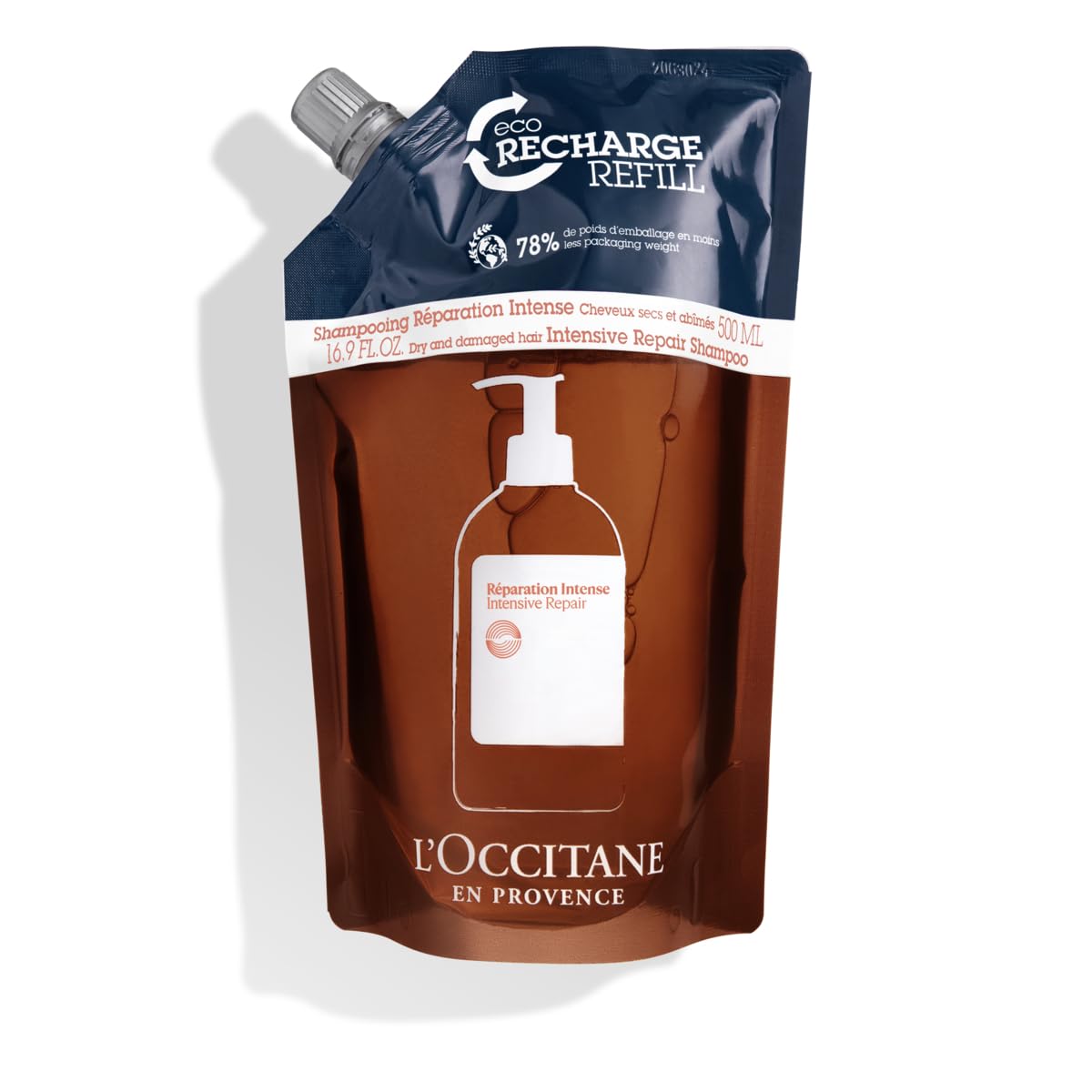 L'Occitane Intensive Repair shampoo refill bottle highlighting sustainable packaging and natural oils.