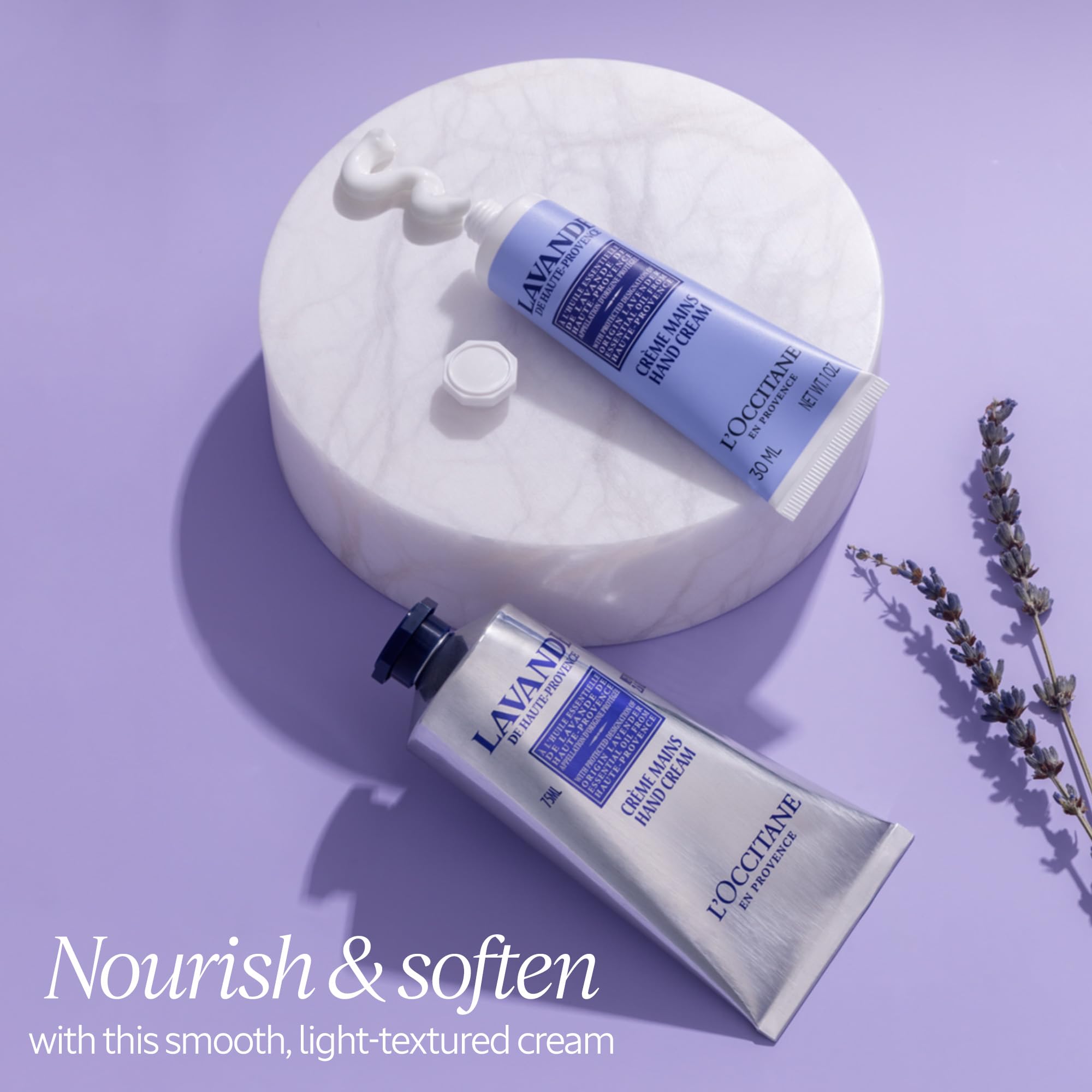 L'Occitane Lavender Hand Cream close-up showing shea butter and lavender ingredients