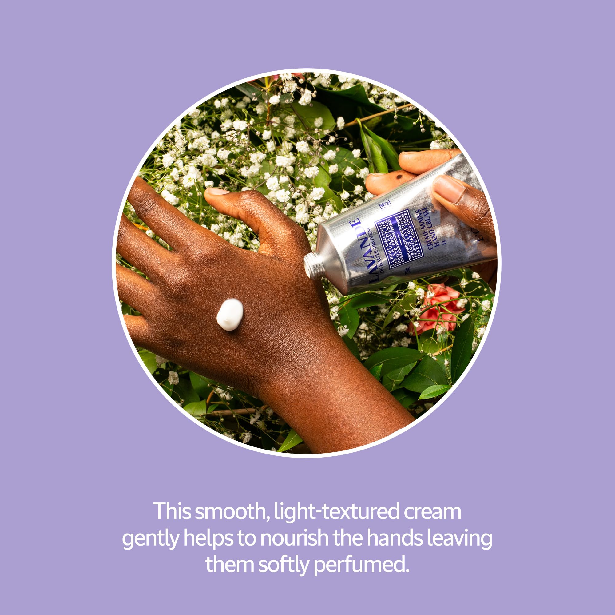 L'Occitane Lavender Hand Cream lavender blossoms in background