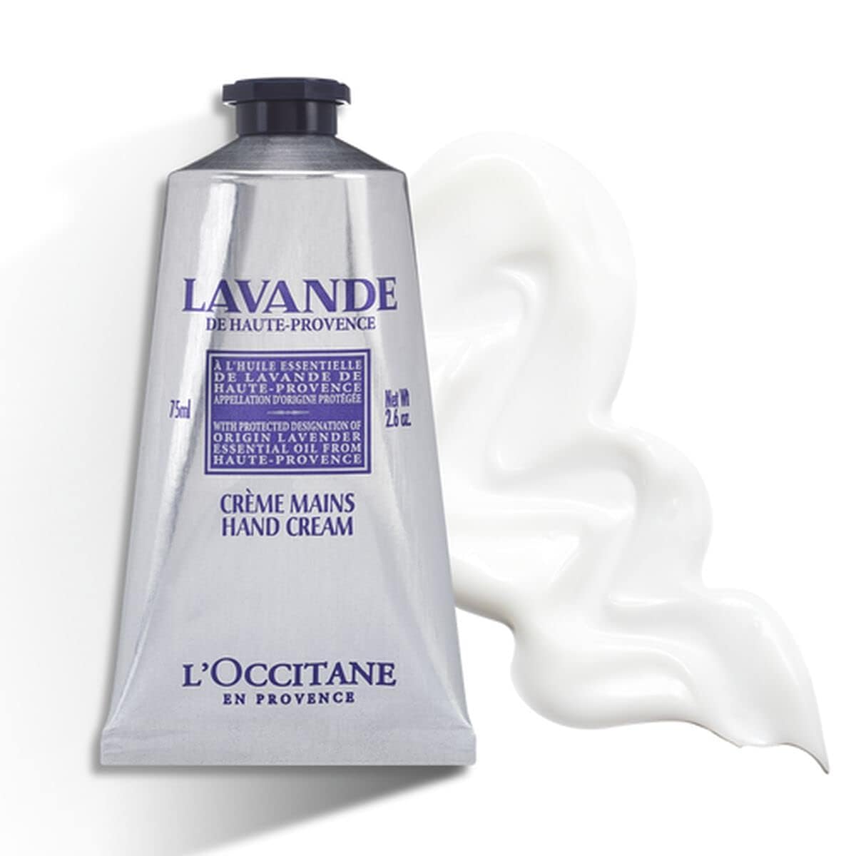 L'Occitane Lavender Hand Cream tube being squeezed for quick hydration