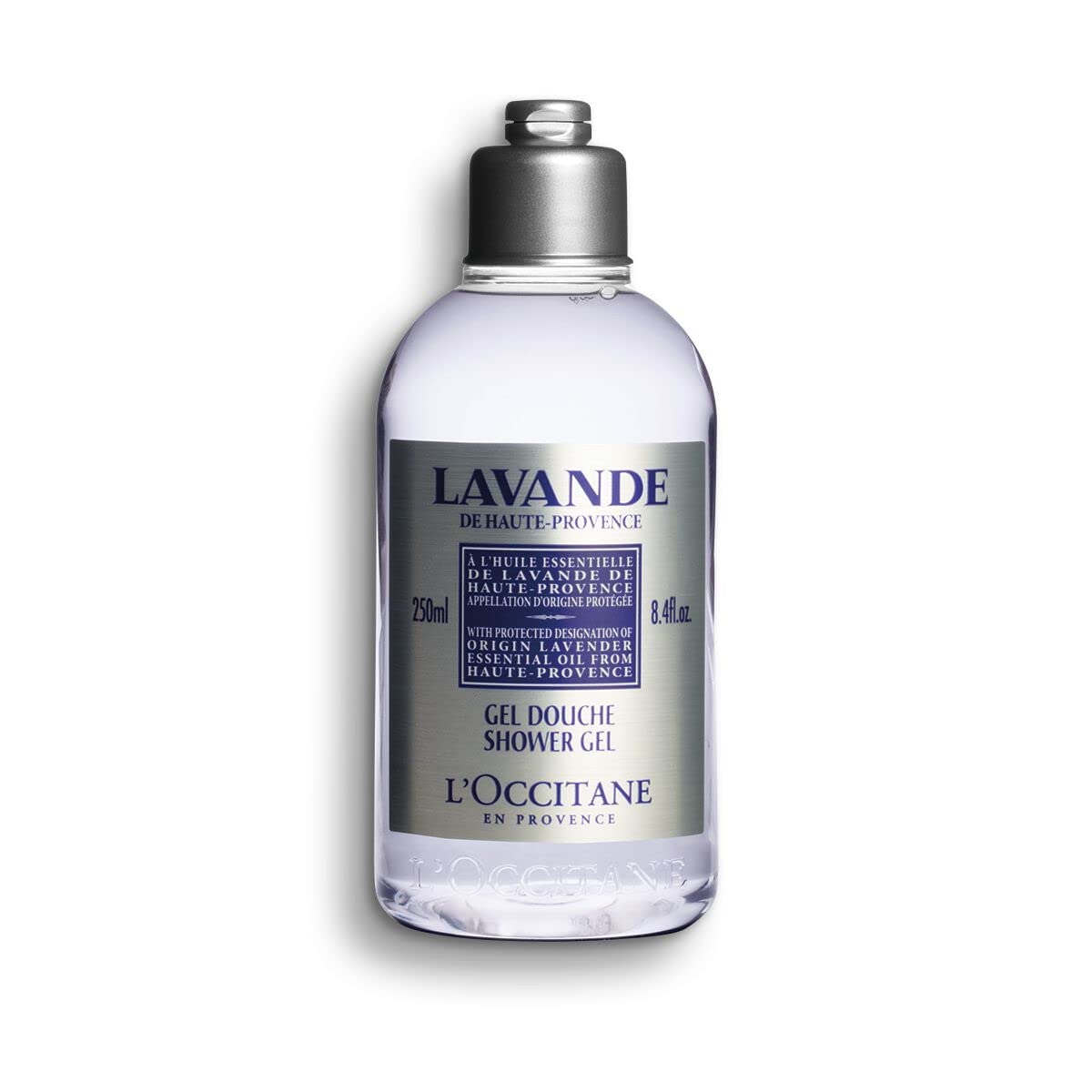 L'OCCITANE lavender shower gel bottle front view for a gentle cleanse and soothing scent.
