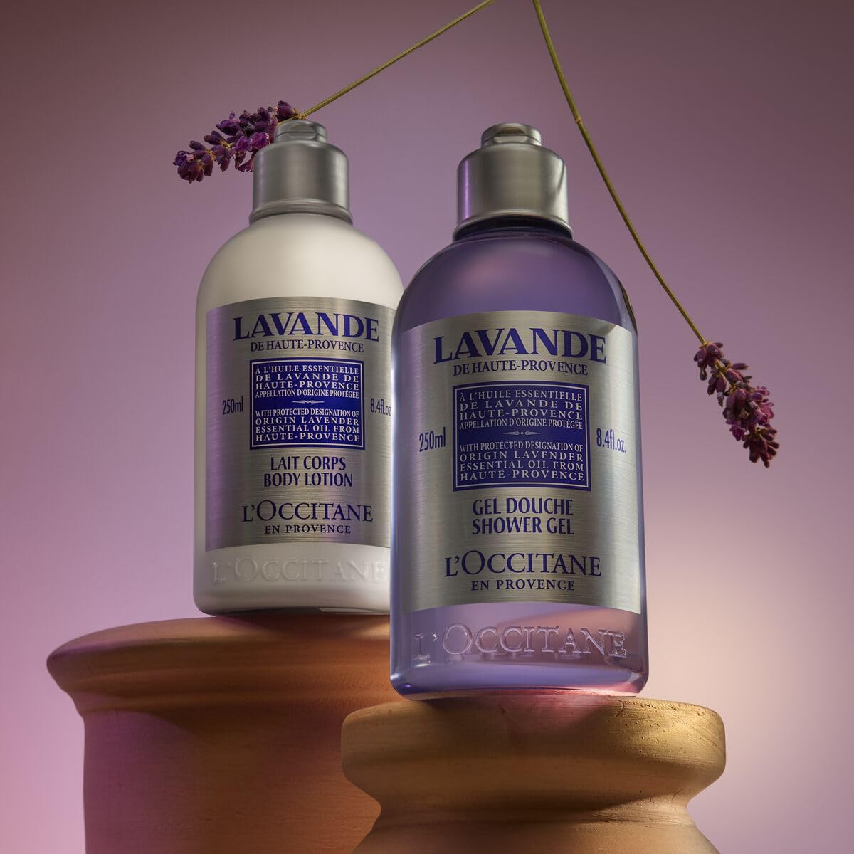 L'OCCITANE lavender shower gel packaging box and bottle.