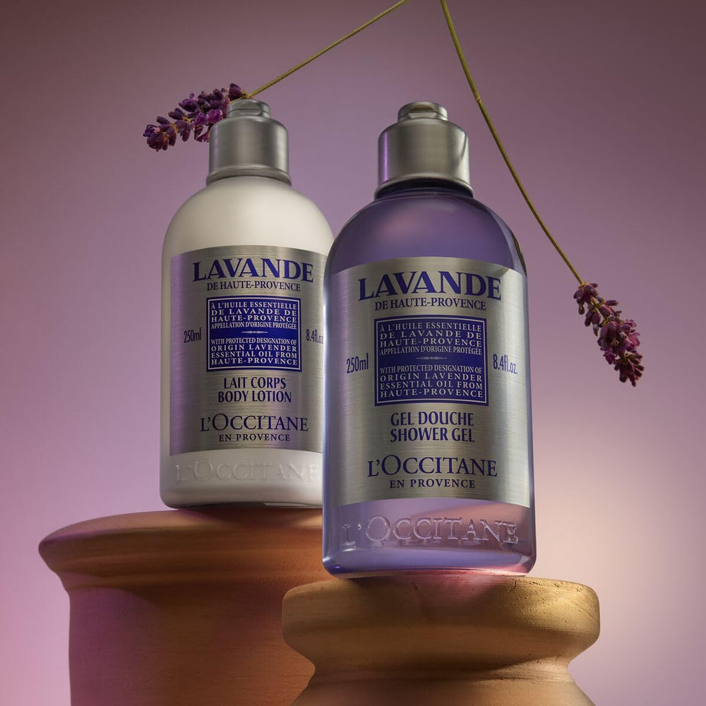 L'OCCITANE lavender shower gel packaging box and bottle.