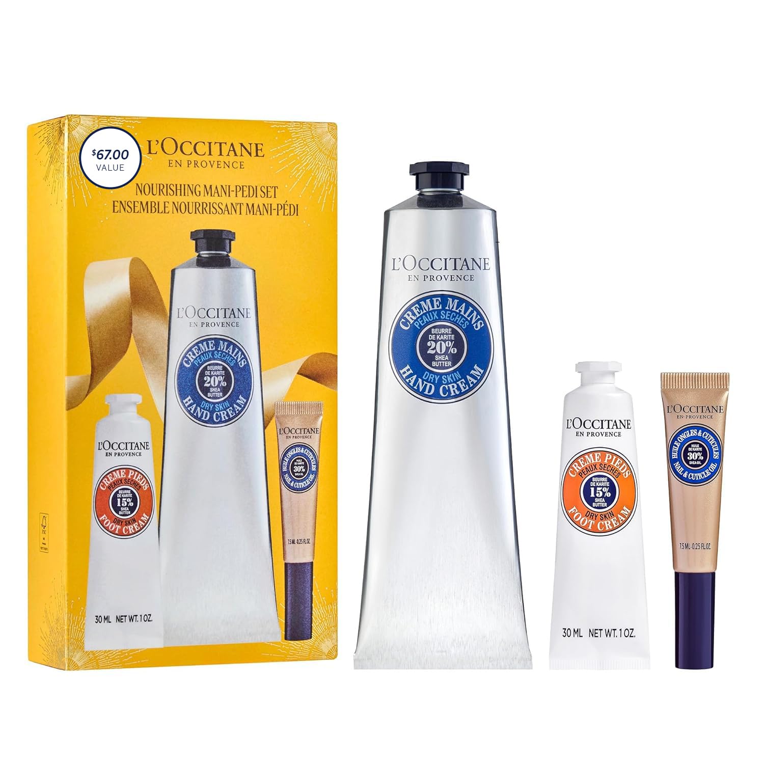 L'Occitane Nourishing Mani-Pedi Set hand cream on display, smoothing dry skin with shea butter.