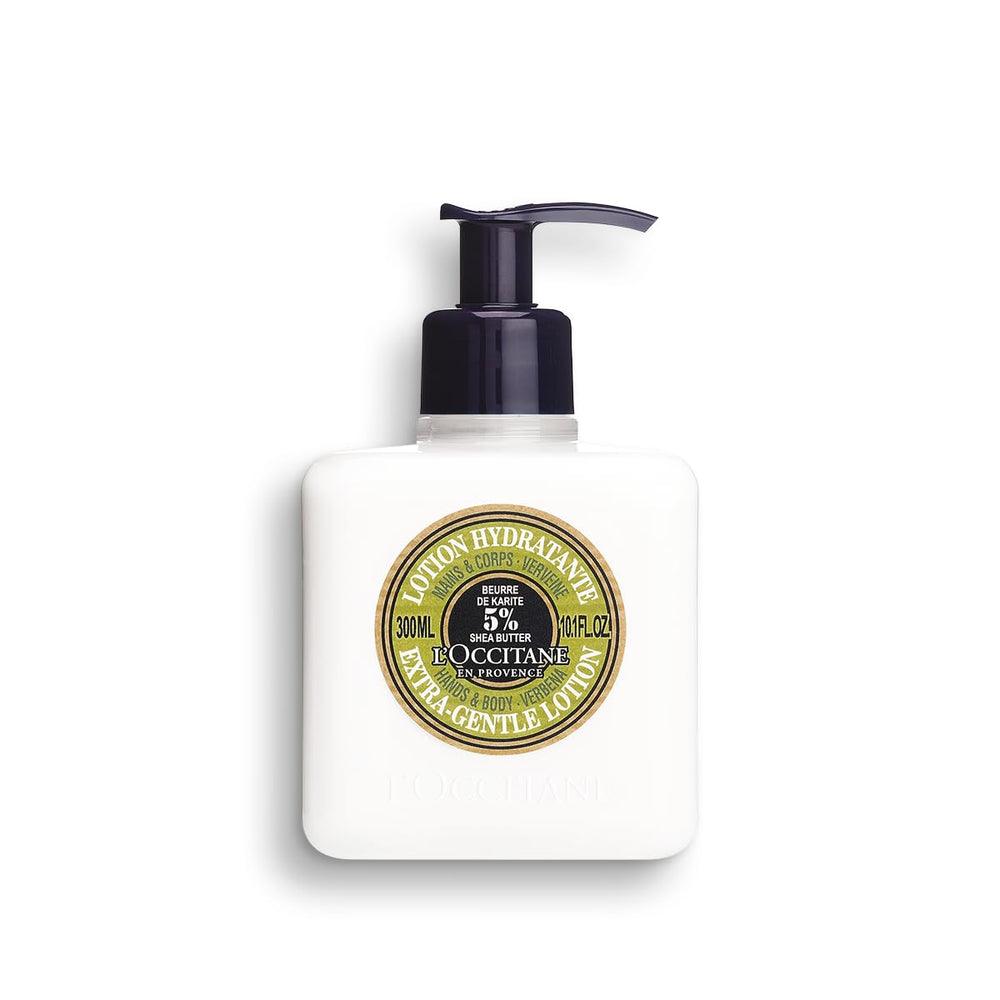 L'Occitane Shea Butter Verbena lotion bottle demonstrates refreshing citrus hydration for daily hand care.