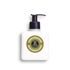 L'Occitane Shea Butter Verbena lotion bottle demonstrates refreshing citrus hydration for daily hand care.