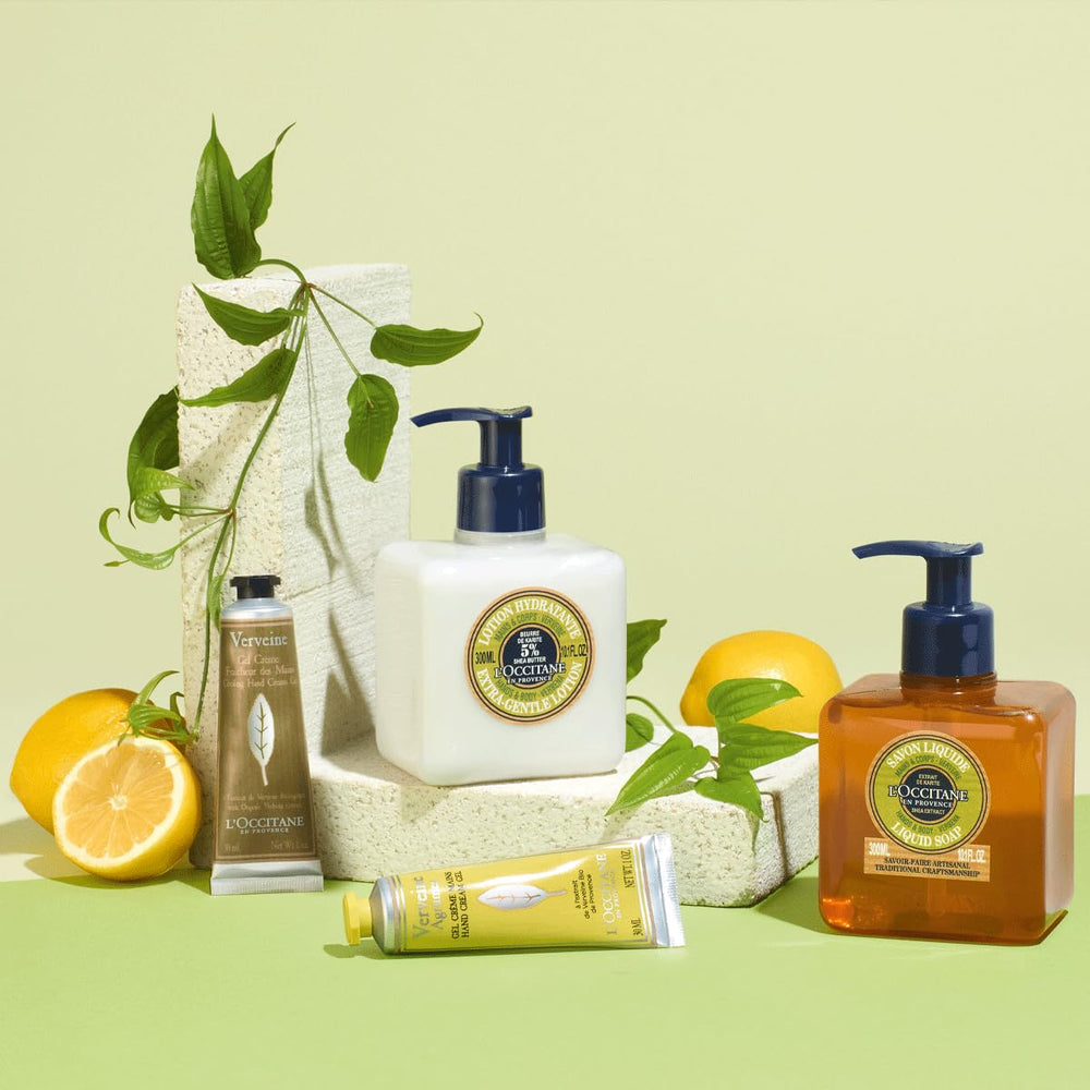 L'Occitane Verbena lotion packaging close-up communicates premium branding.