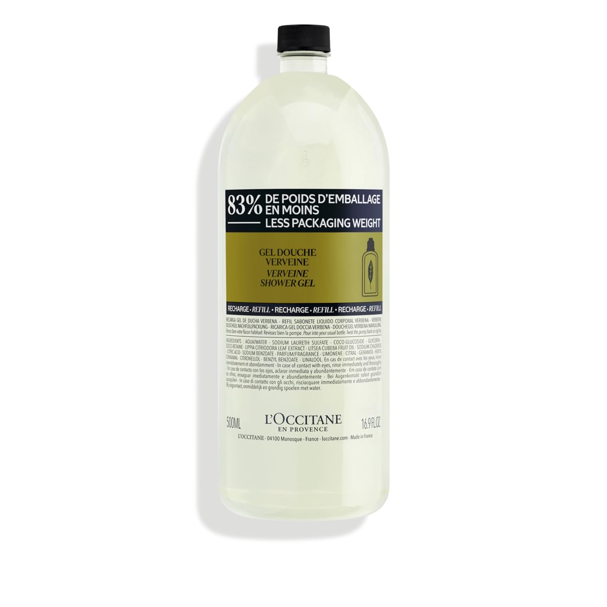 L'Occitane Verbena Shower Gel bottle with refreshing lemon aroma for a bright start.