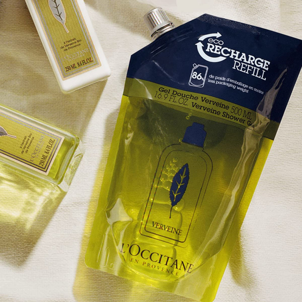L'Occitane Verbena Shower Gel being poured releases rich foam for gentle cleansing.
