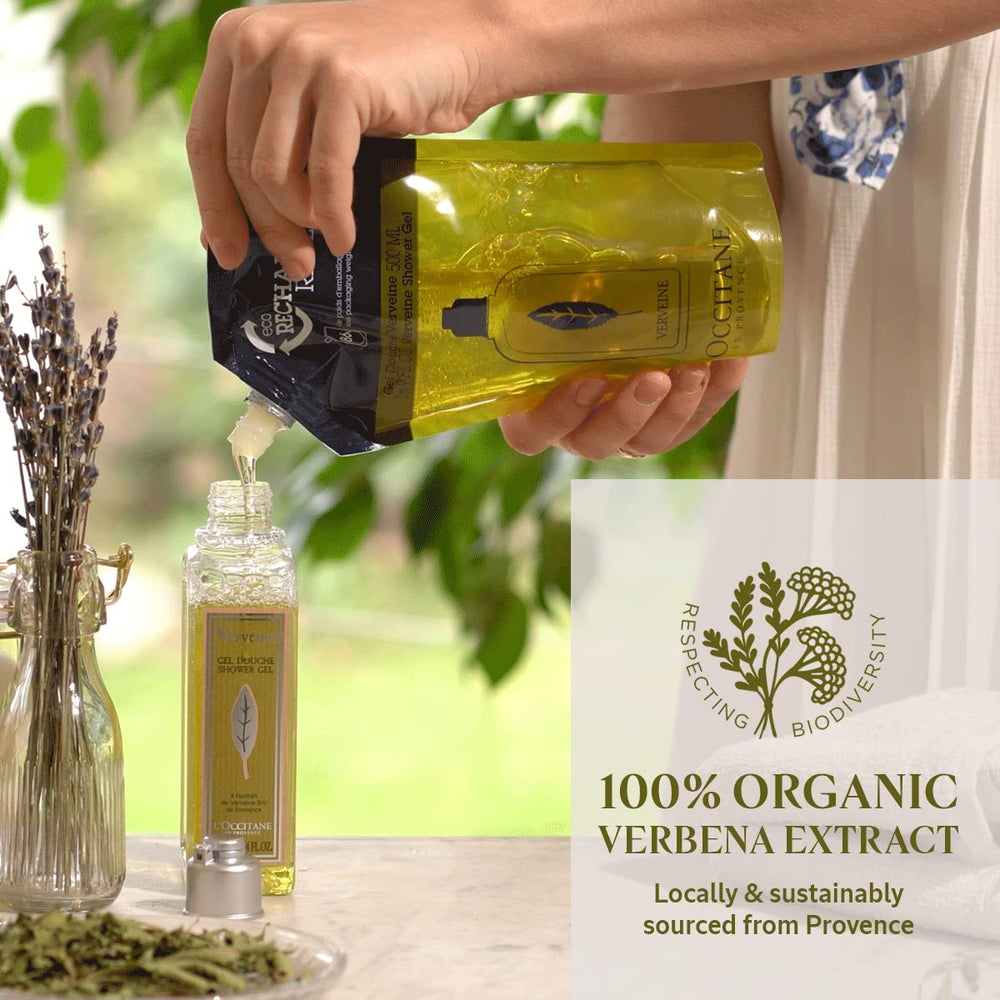 Eco-friendly refill pack for L'Occitane Verbena Shower Gel supports sustainable care.