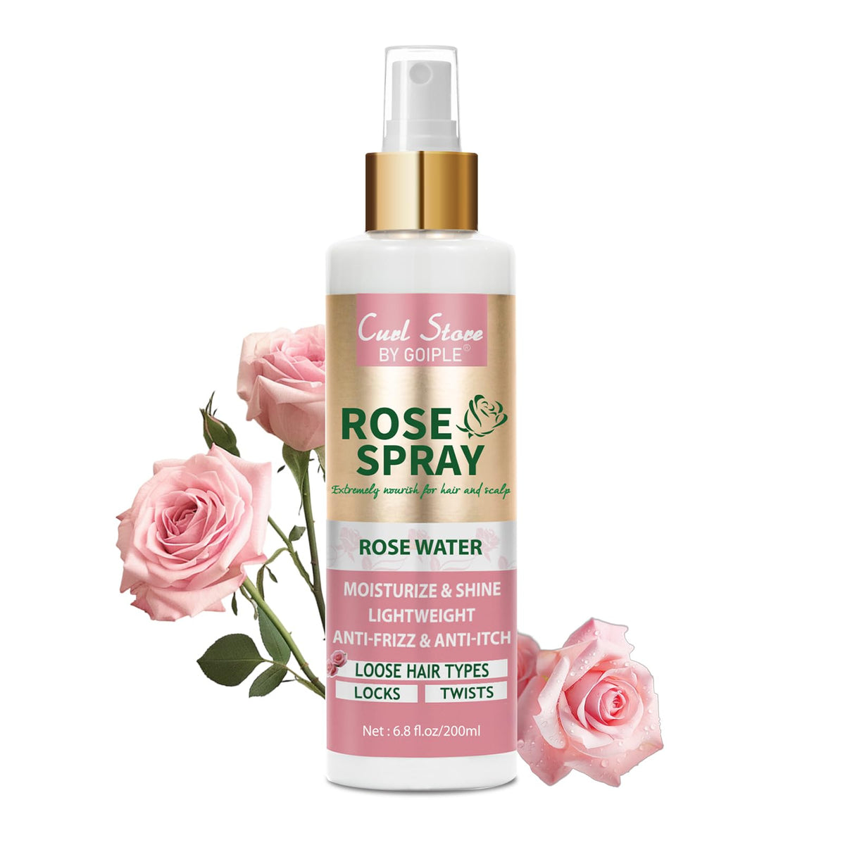 Lockmio rose water spray bottle front view showcases hydrating facial-like mist for hair hydration