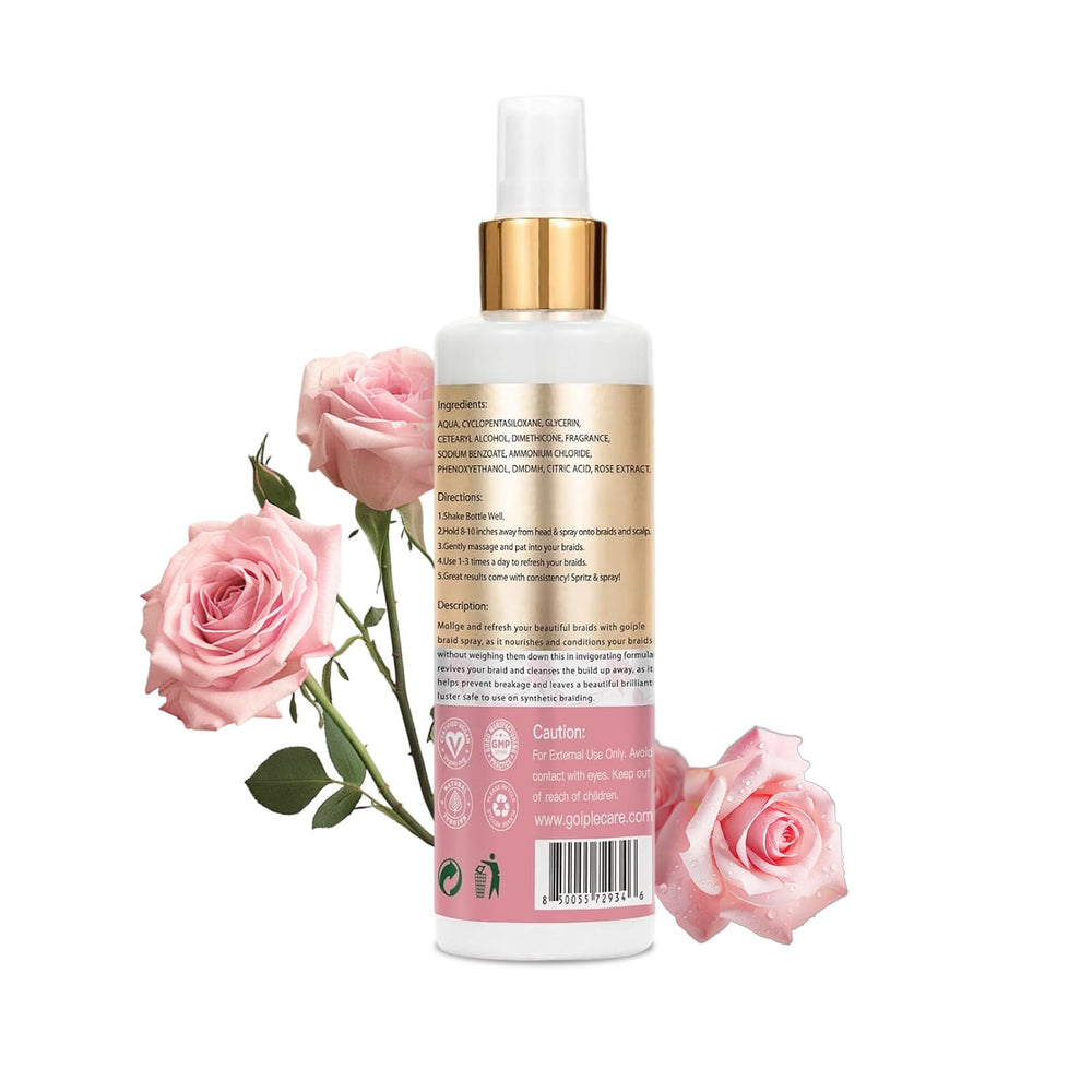 Product packaging display of Lockmio rose water spray and its components