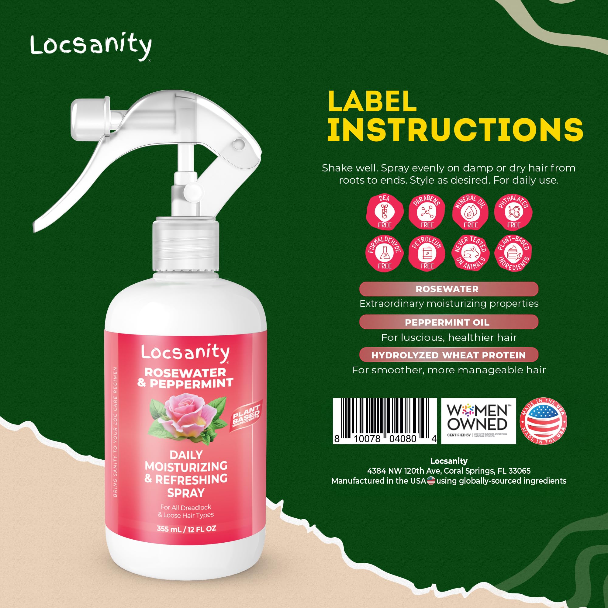 Locsanity 12oz bottle packaging communicates value and long-lasting supply.