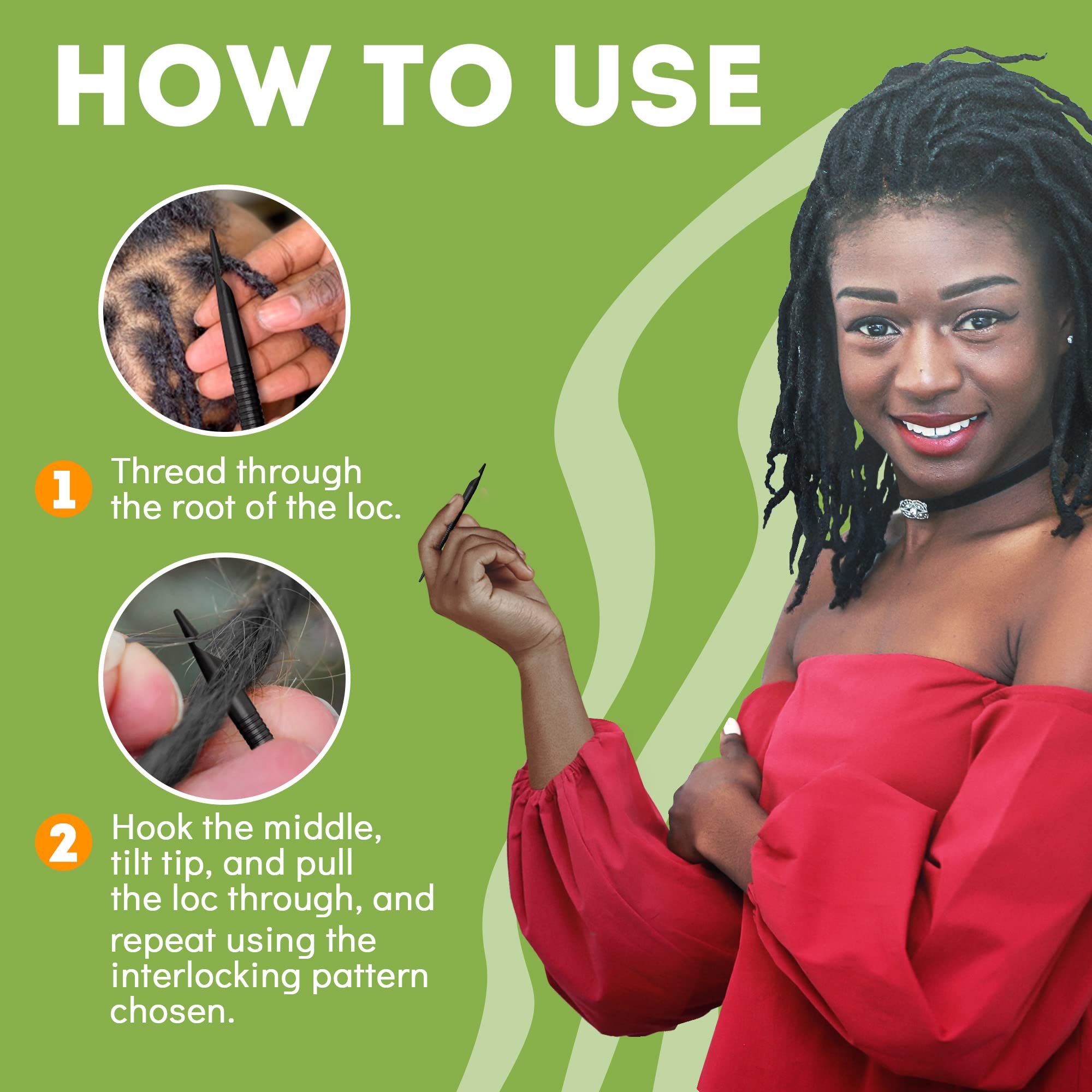 Locsanity interlocking tool fine tip assists clean parting and hair alignment.