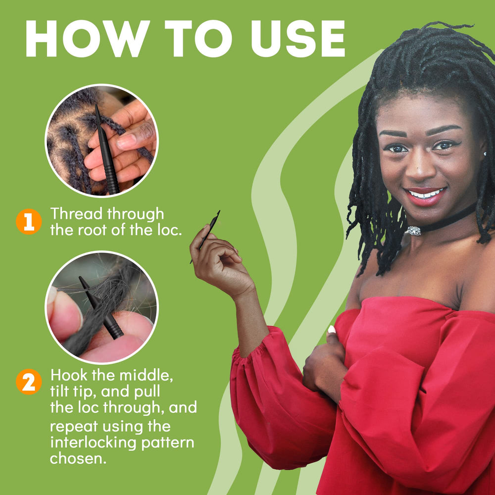 Locsanity interlocking tool fine tip assists clean parting and hair alignment.