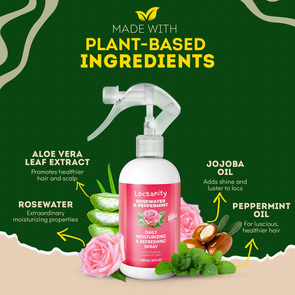 Locsanity Loc Spray mist refreshes locs and scalp with rosewater peppermint blend