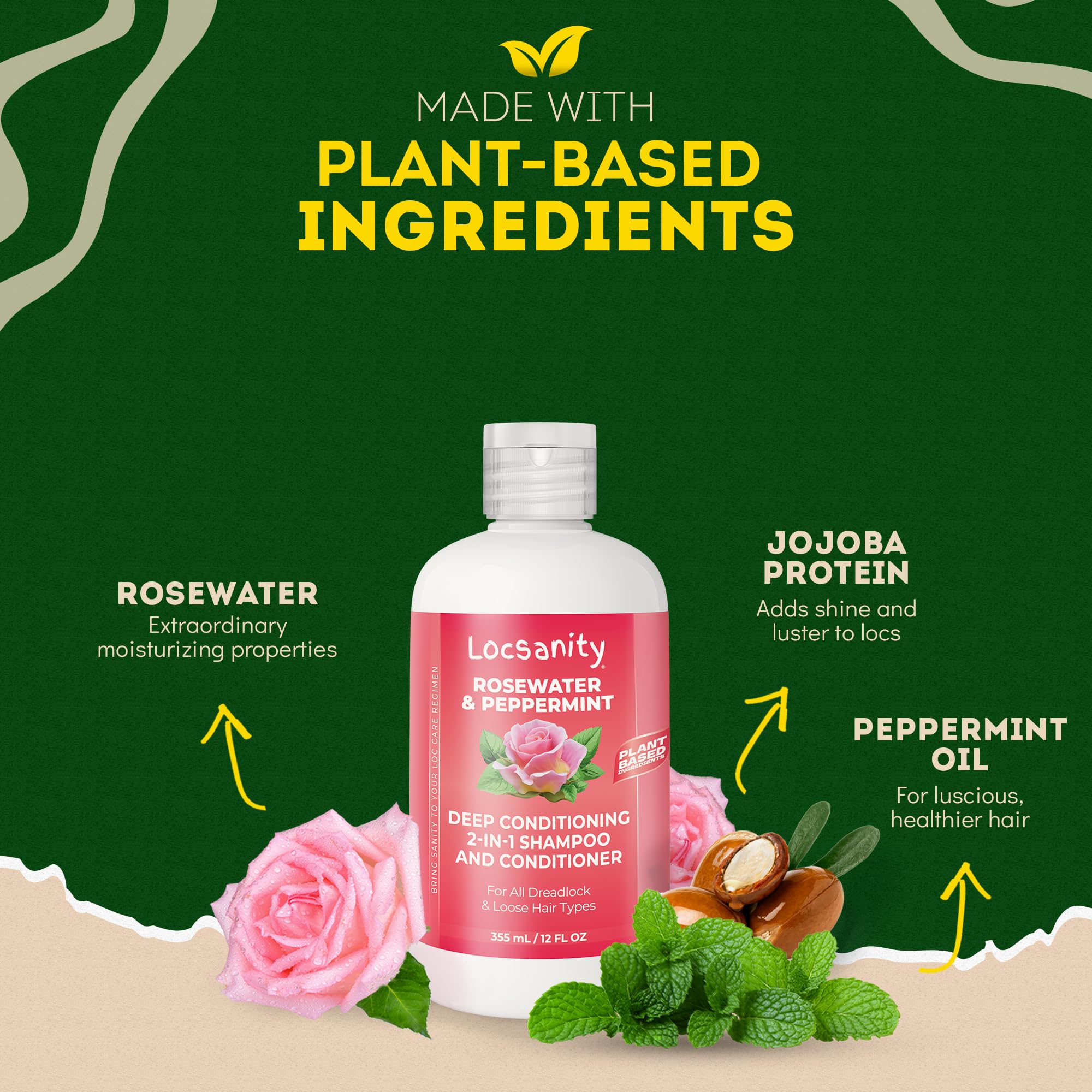 Locsanity Rosewater Peppermint etiqueta que identifica un cuidado 2 en 1 para locs.