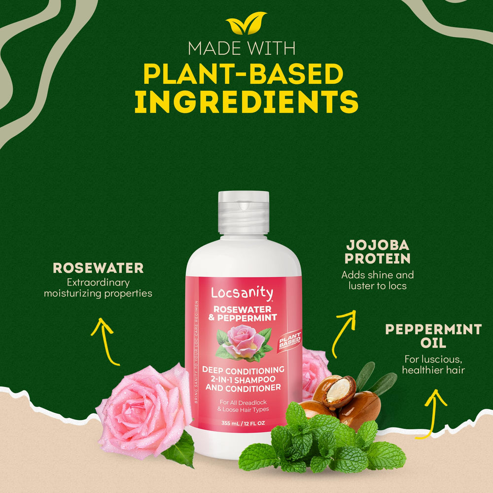 Locsanity Rosewater Peppermint etiqueta que identifica un cuidado 2 en 1 para locs.