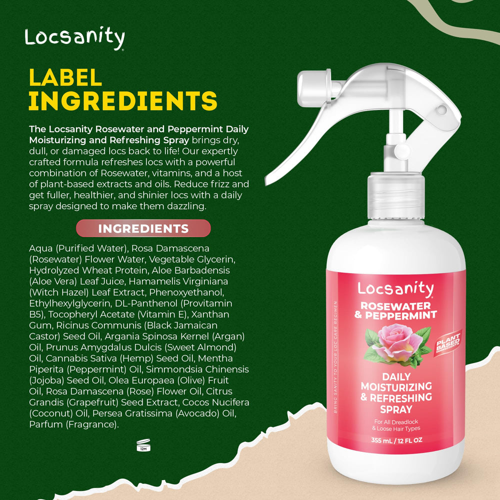Ingredient list highlight of Locsanity Rosewater Peppermint Daily Spray.