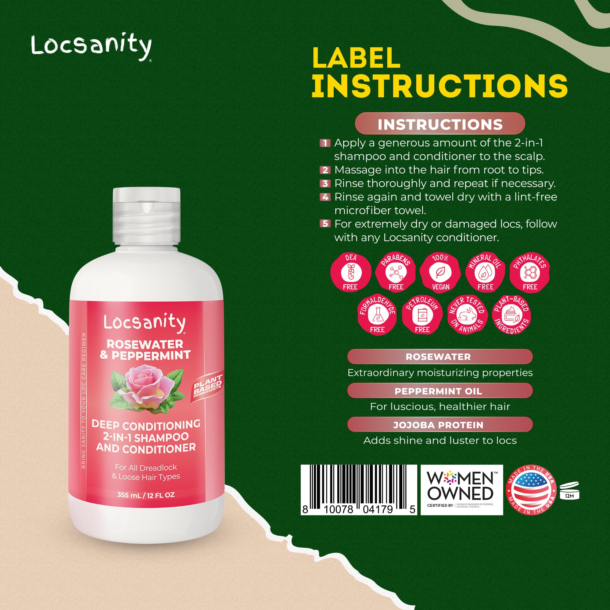 Locsanity Rosewater Peppermint tacto suave durante el lavado y aroma agradable.