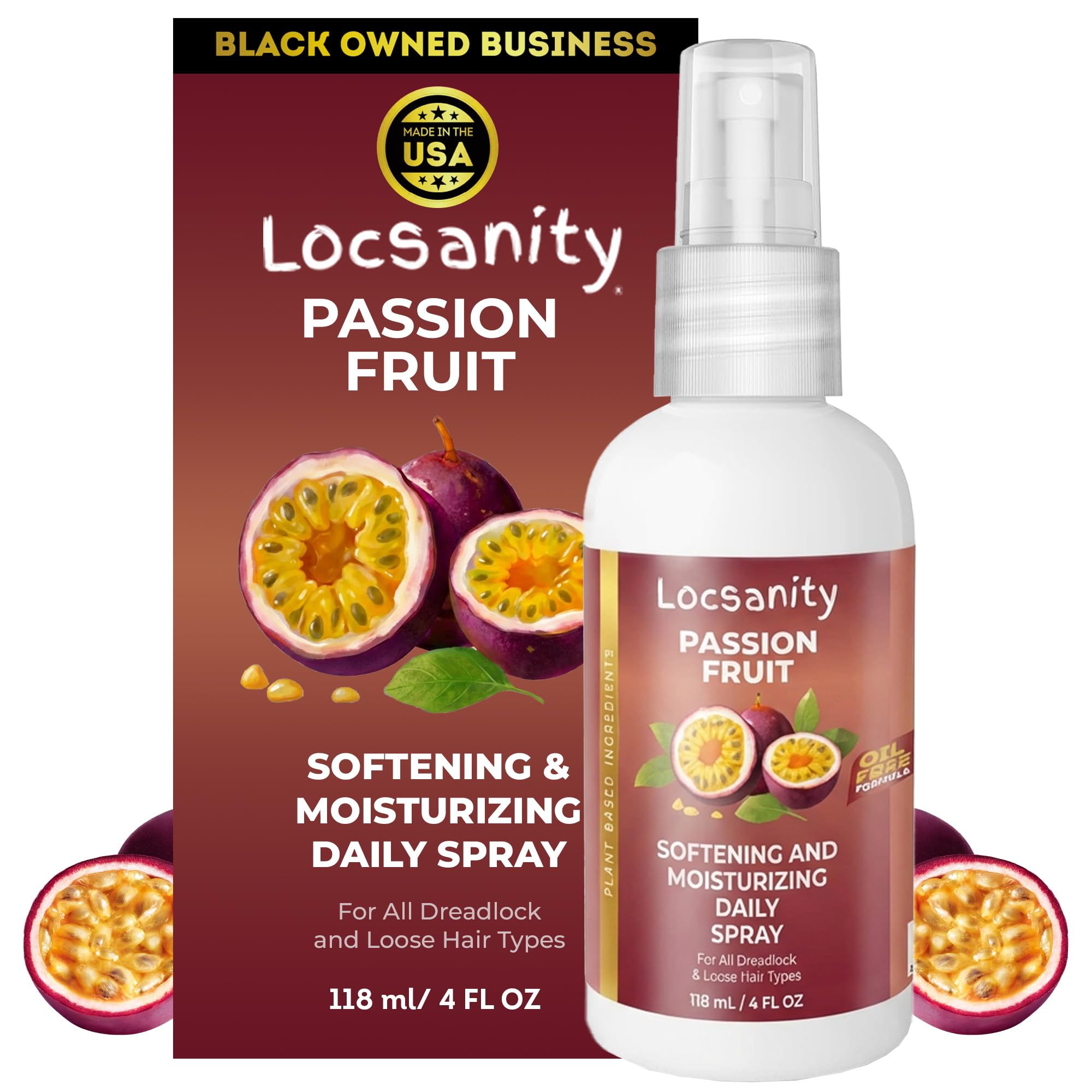 Locsanity spray hidratante diario en botella para locs opacos y resultados de hidratación diaria.