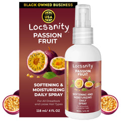 Locsanity spray hidratante diario en botella para locs opacos y resultados de hidratación diaria.