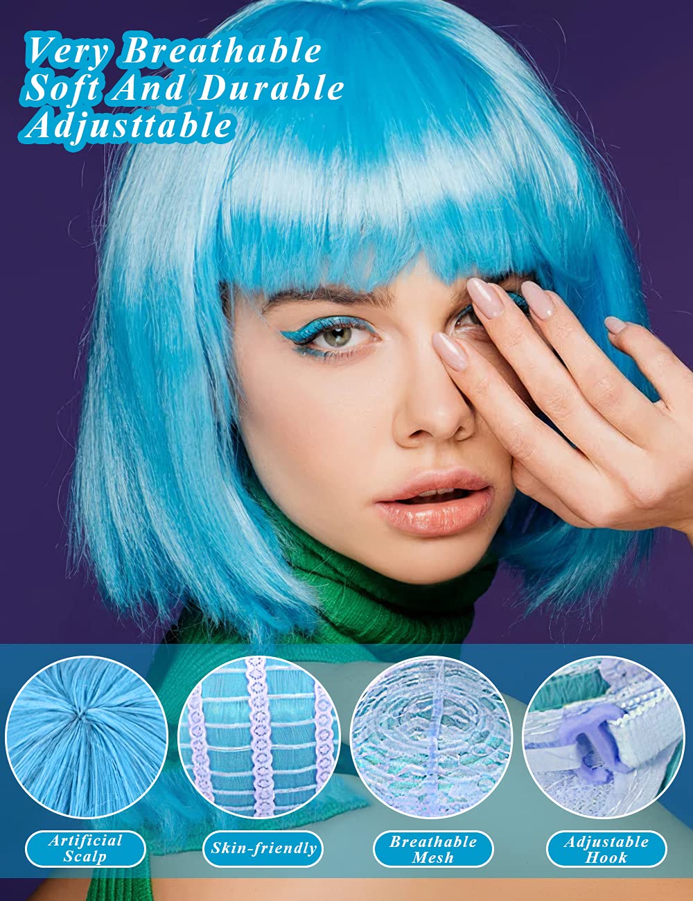 LOHO MAGICA neon blue short bob wig for striking party costumes and selfies