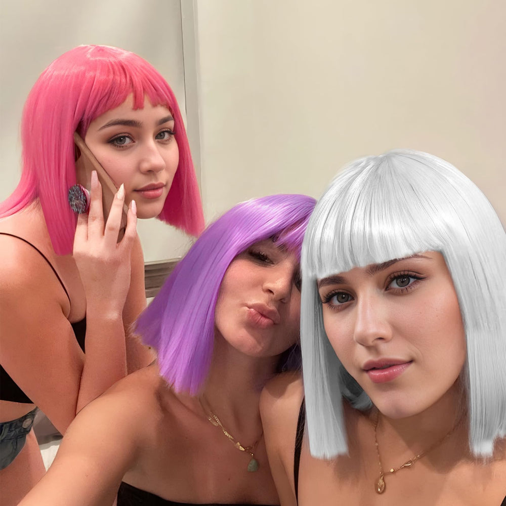 LOHO WONDERZ neon violet short bob wig adds dramatic flair to costumes.