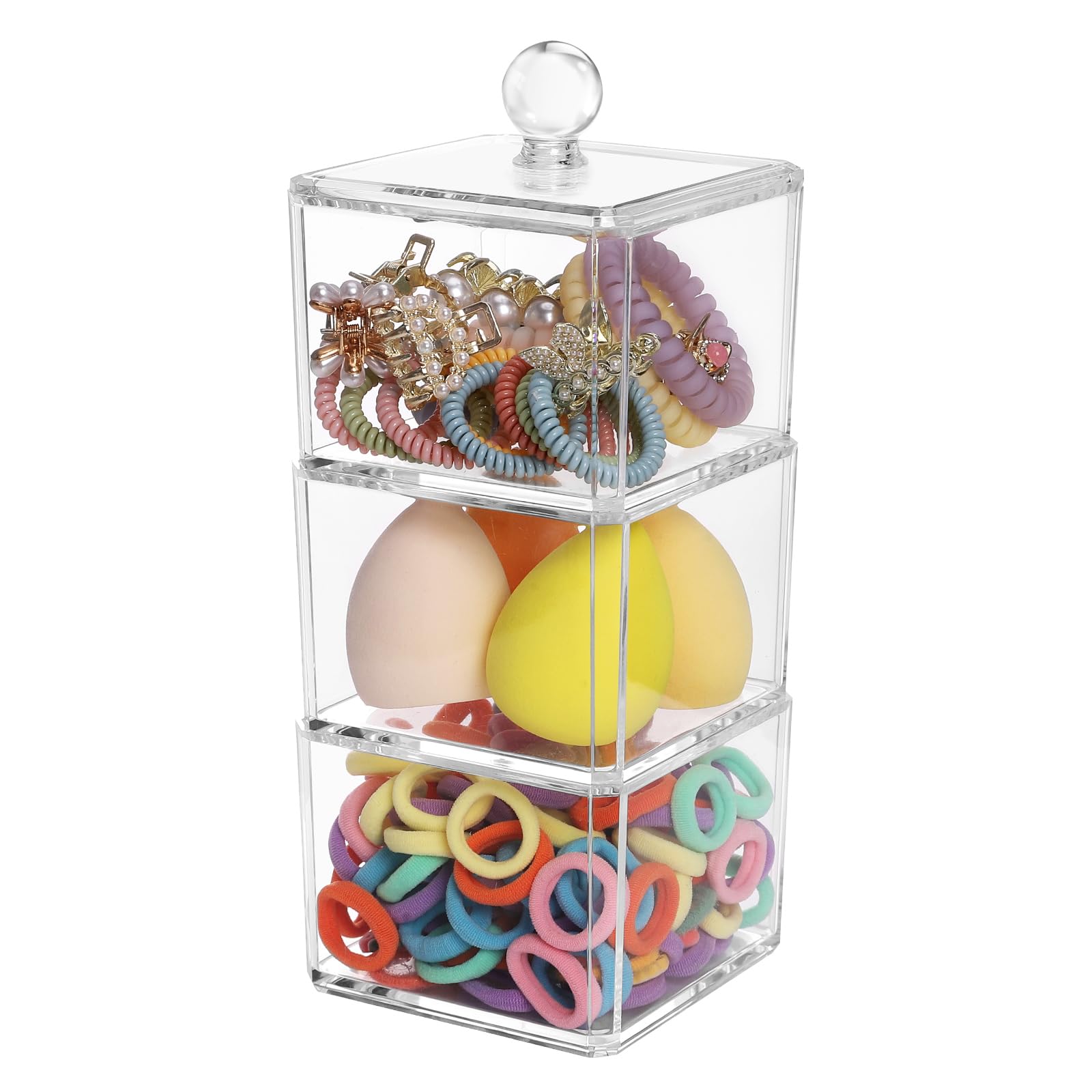 LOHRYVIO hair accessories organizer with three stackable compartments for easy accessibility