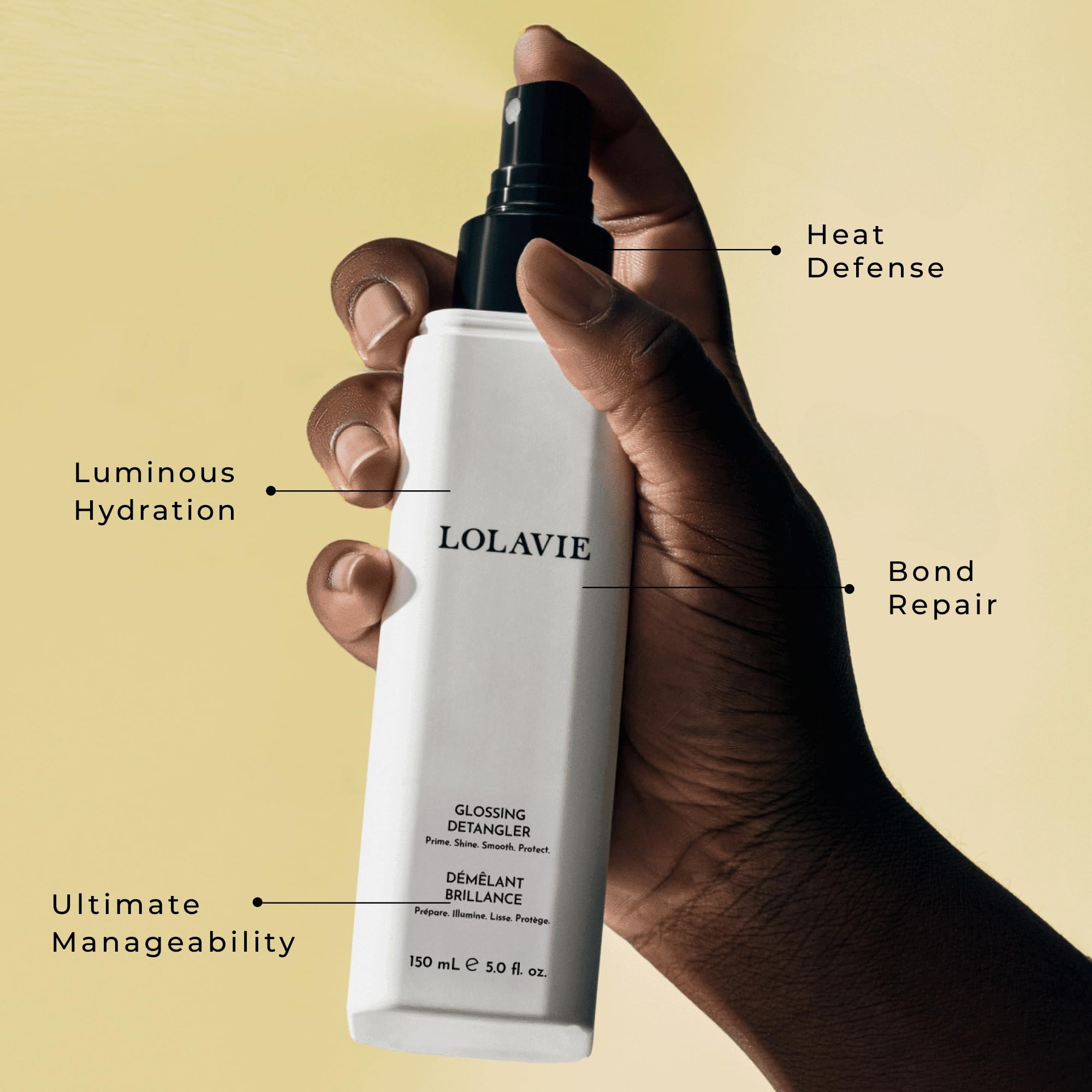 LolaVie Glossing Detangler bottle side view highlighting travel friendly size