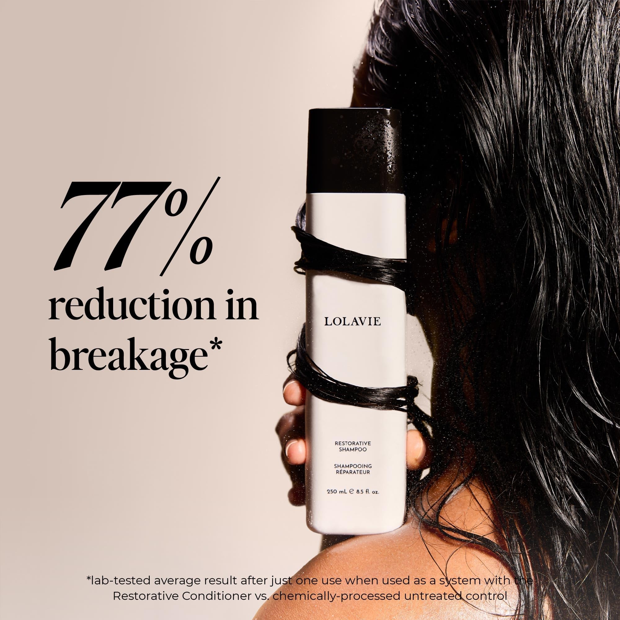 LolaVie Restorative Shampoo close-up showing smoother, damage-looking hair.
