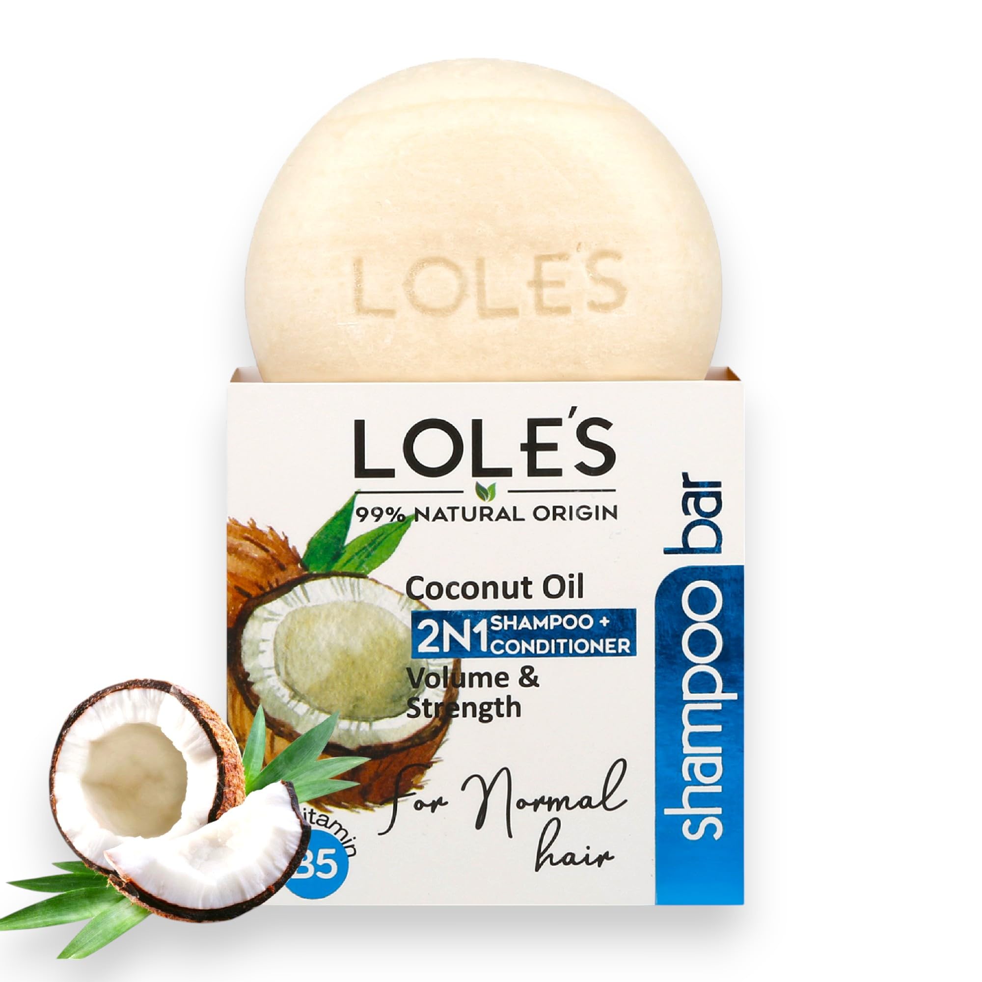 LOLE'S shampoo bar with coconut oil nourishes normal hair for added volume.
